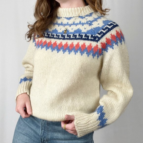 Vintage Fair Isle 100% Wool Hand Knit Oversized Chunky Crew Neck Nordic Sweater - Picture 5 of 8